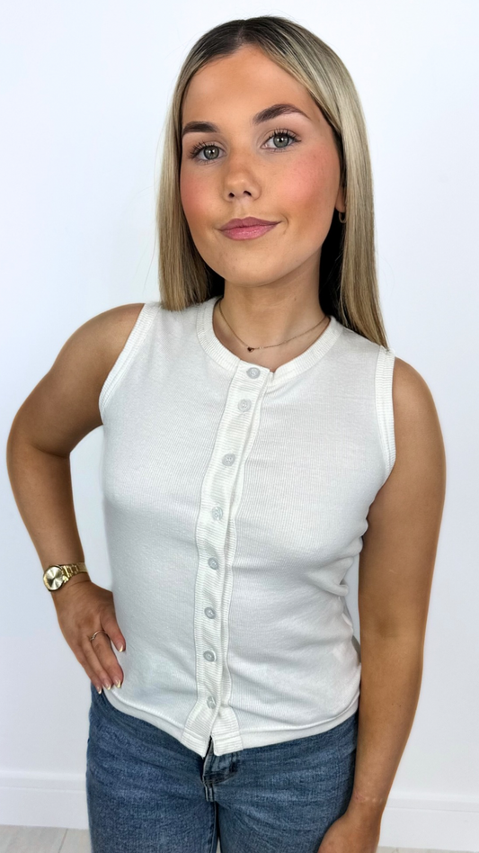 Casi - Button Front High Neck Crop White