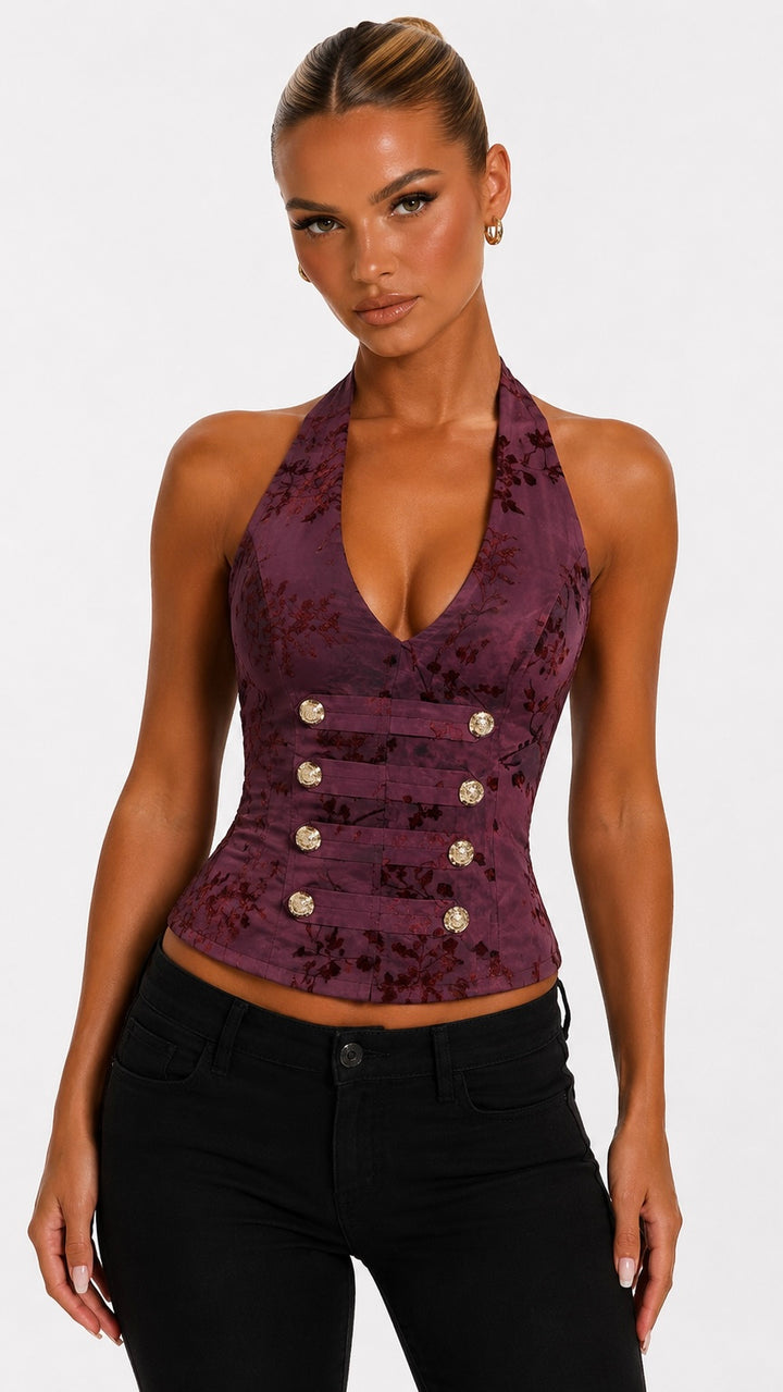 Kiah - Burgundy Velvet Print Military Crop