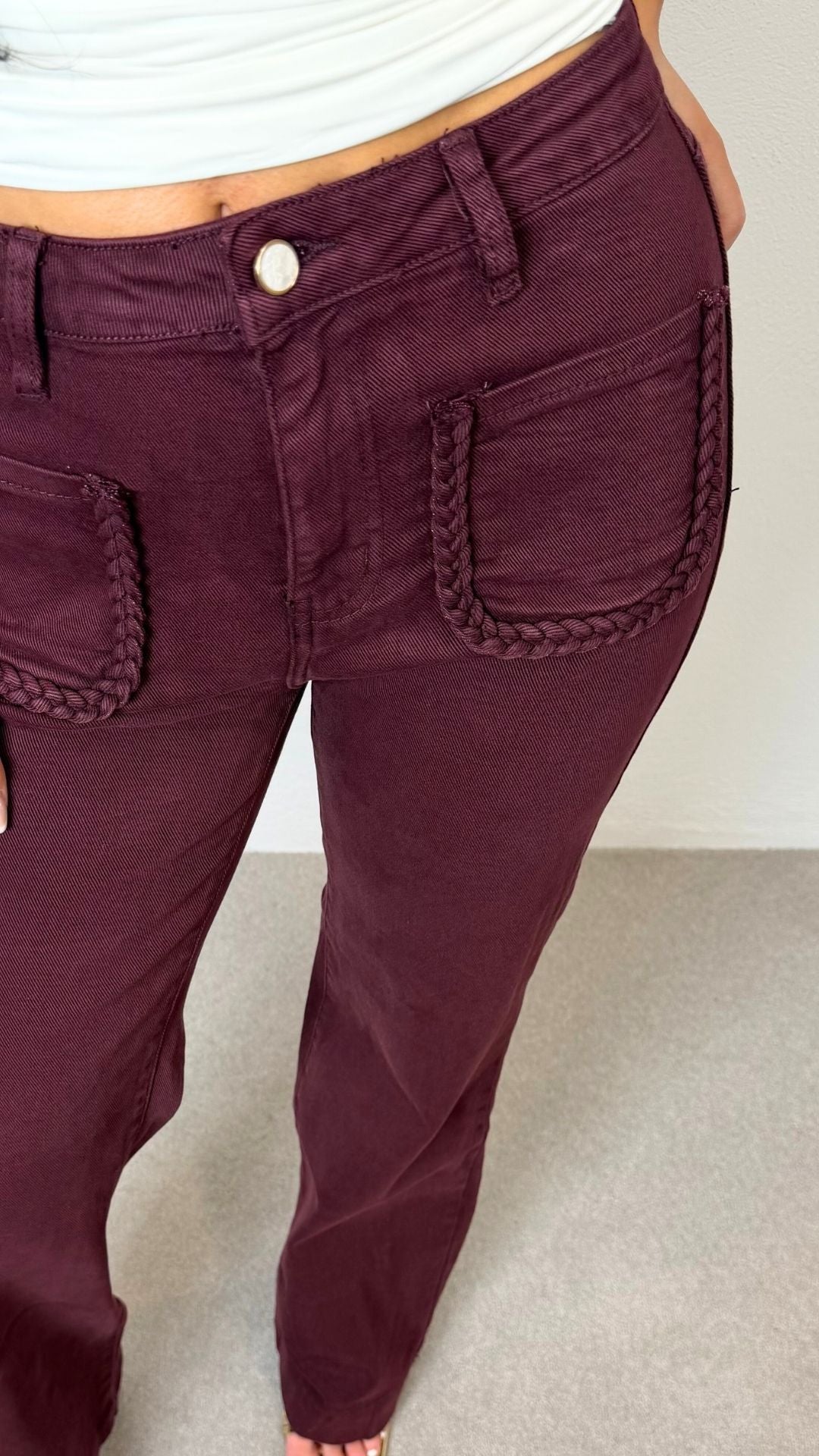 Phoebe - Wine Braid Pocket Straight Leg Jeans