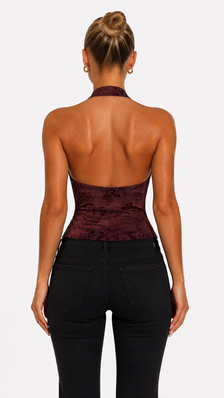 Kiah - Burgundy Velvet Print Military Crop