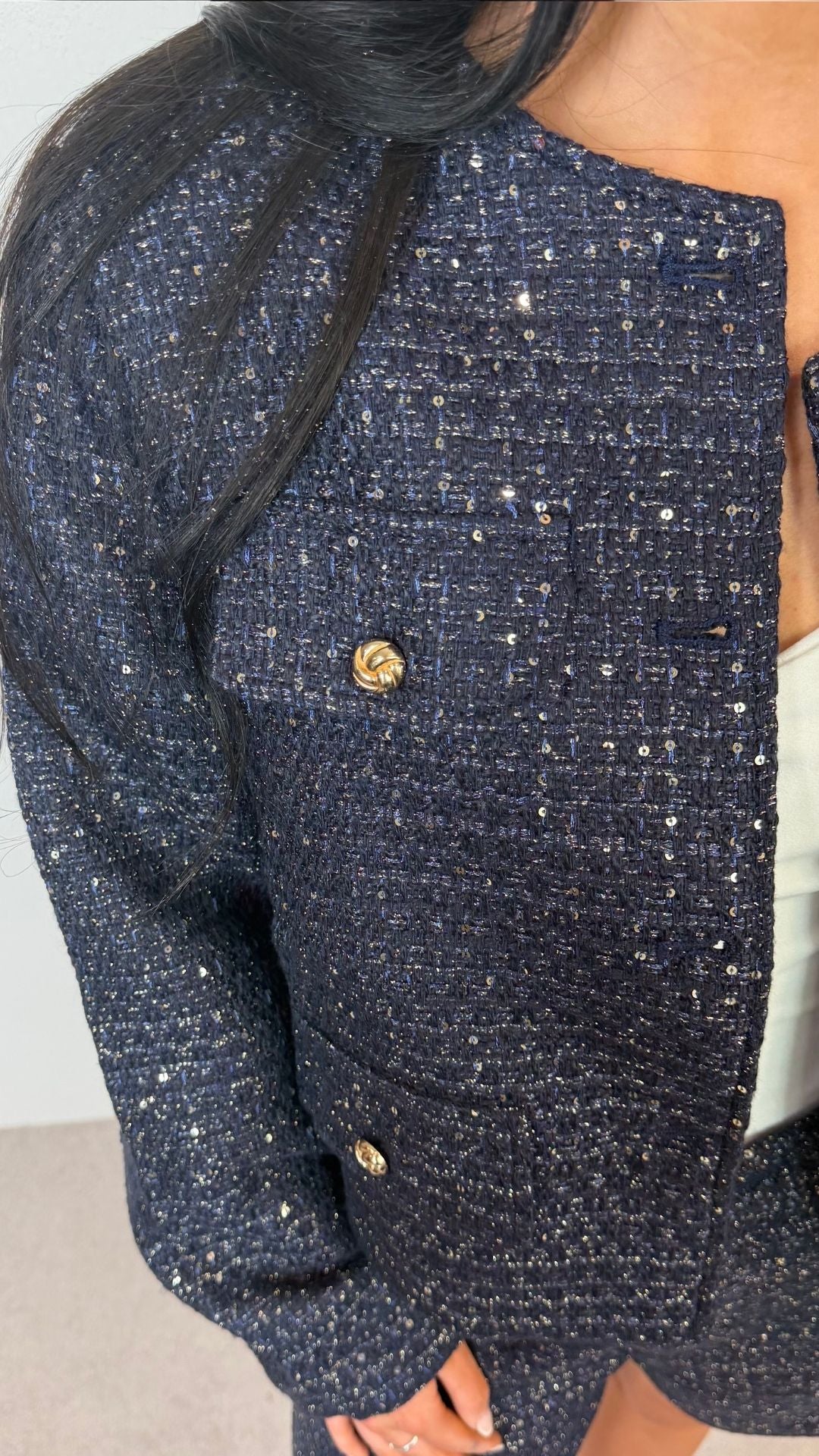 Vendala - Tweed Sequin Jacket Navy