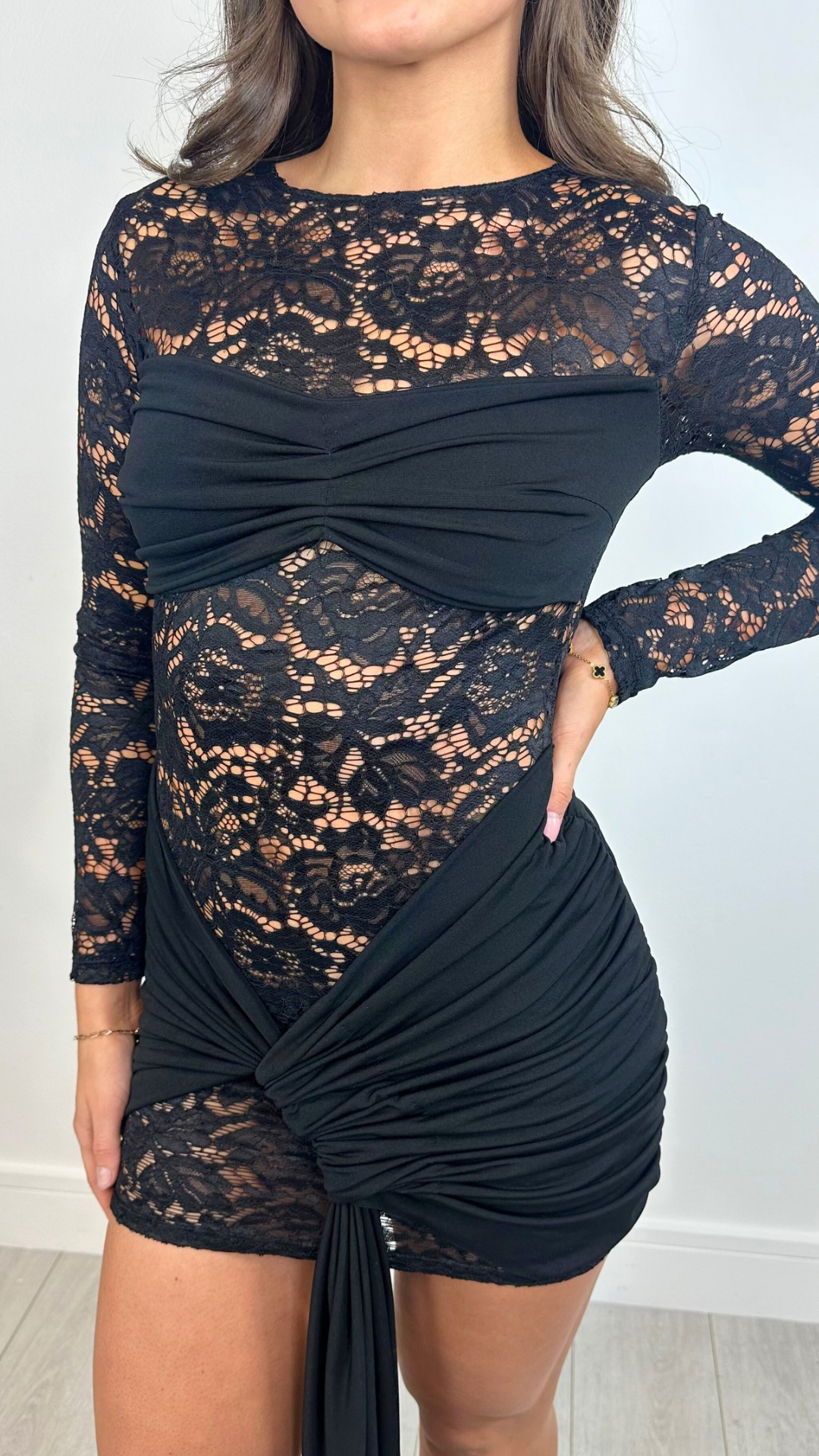 Lola - Black Lace Drape Front Bodycon