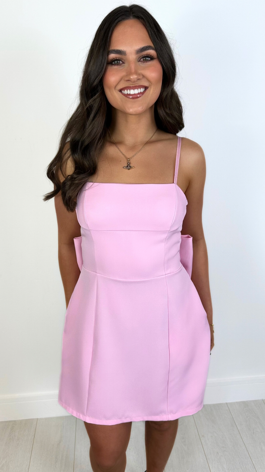 Leila - Bow Back Pocketed Tea Dress Baby Pink