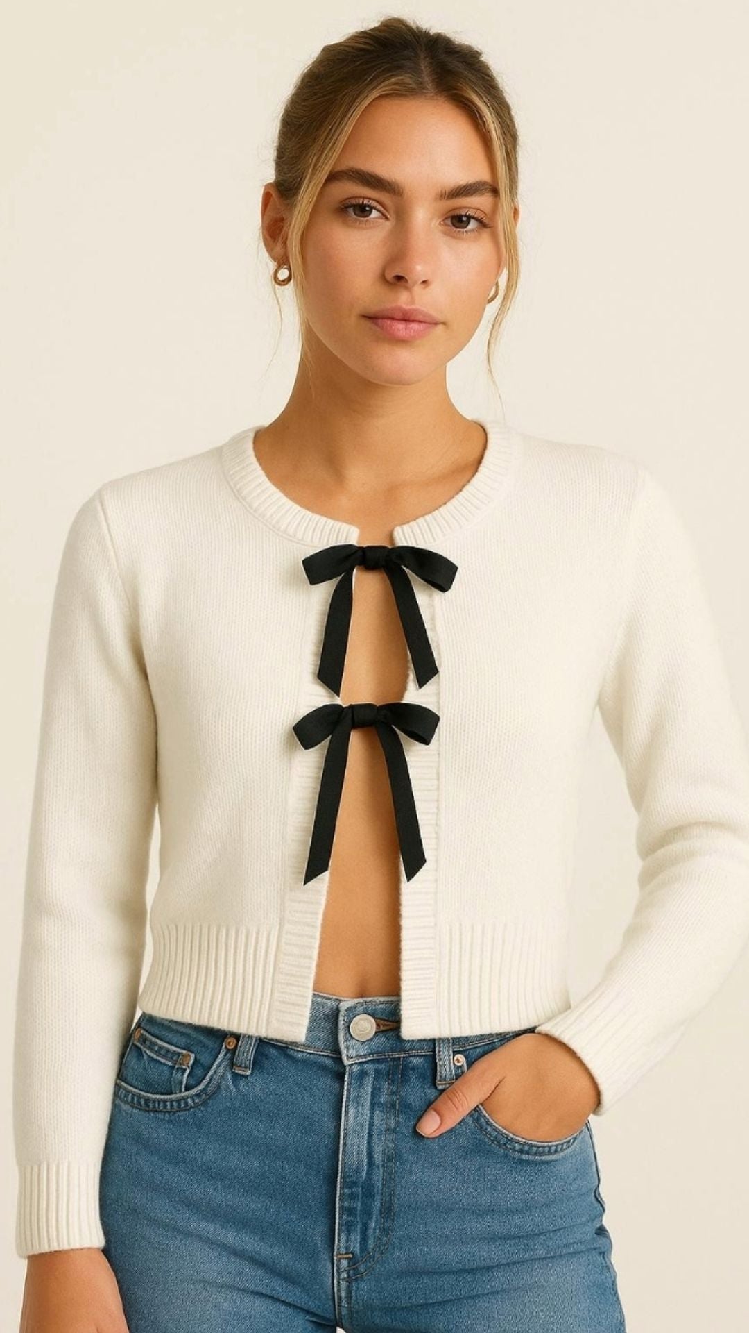 Shauna - Knit Ribbon Tie Cardi Cream