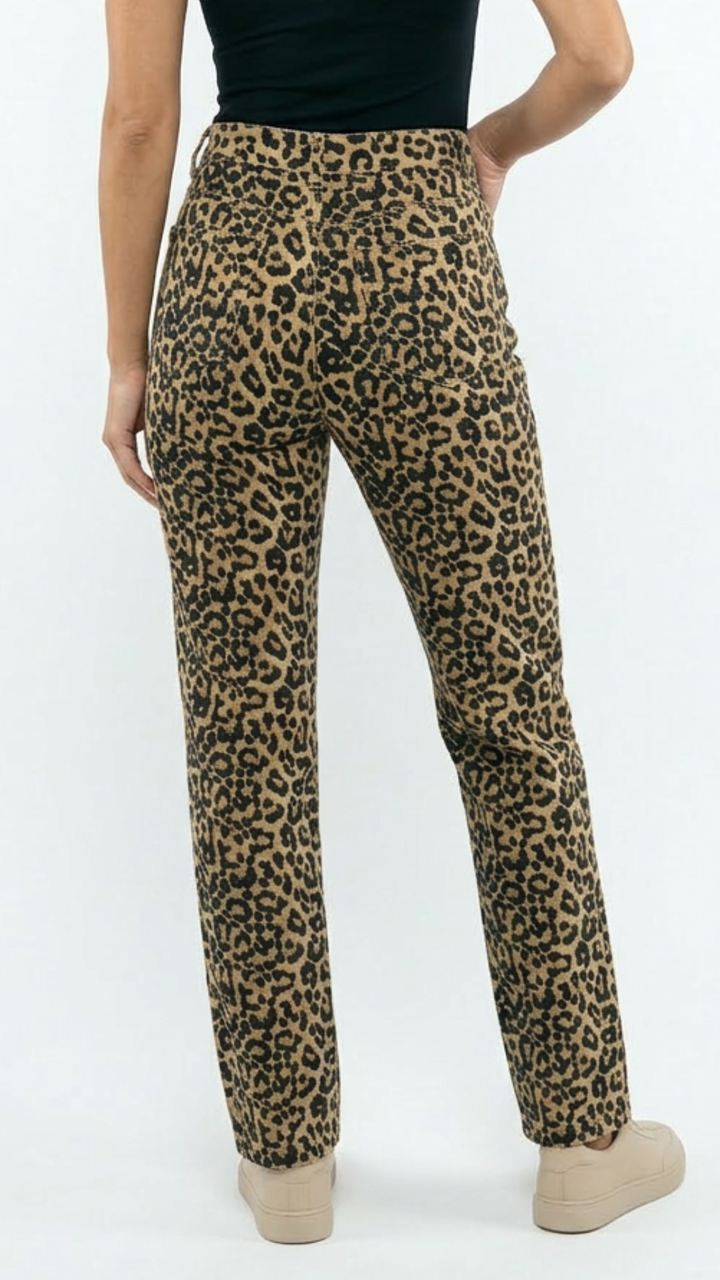 Sara - Leopard Print Raw Hem Straight Leg Jeans