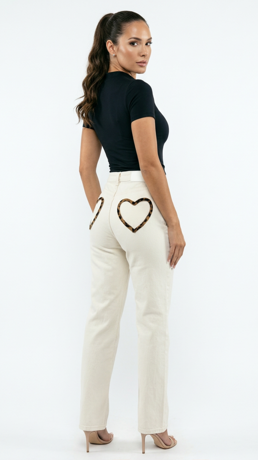 Ollie - Cream Leopard Heart Pocket Denims