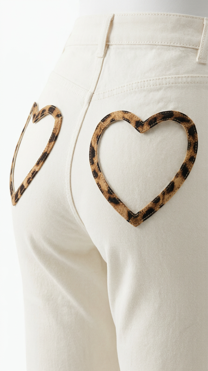 Ollie - Cream Leopard Heart Pocket Denims