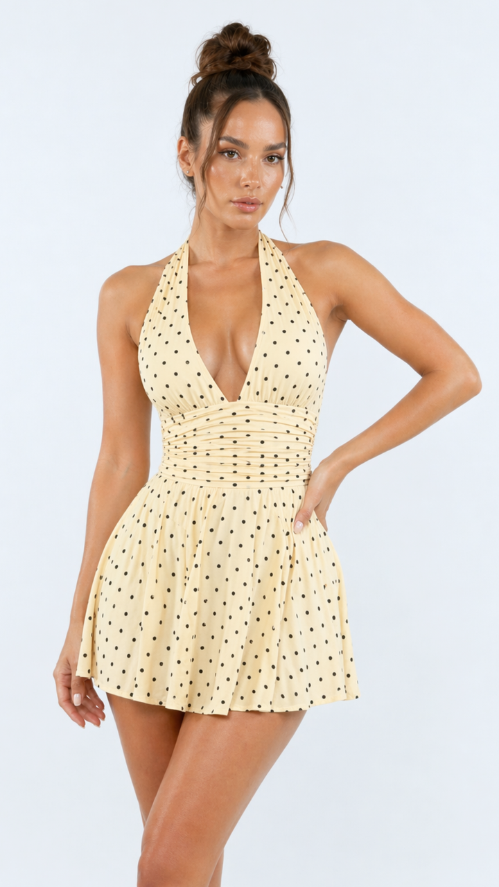 Daisy - Lemon Polka Dot Tie Back Mini Dress