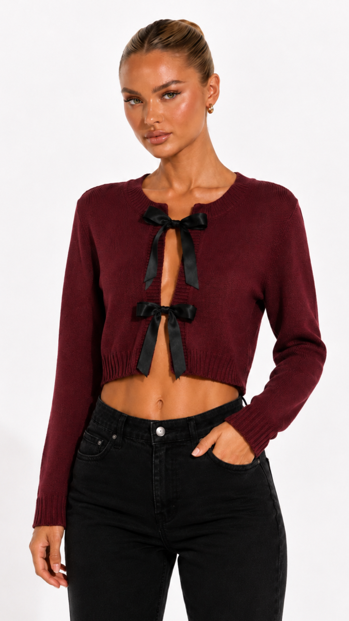Leah - Burgundy Knit Ribbon Tie Cardi