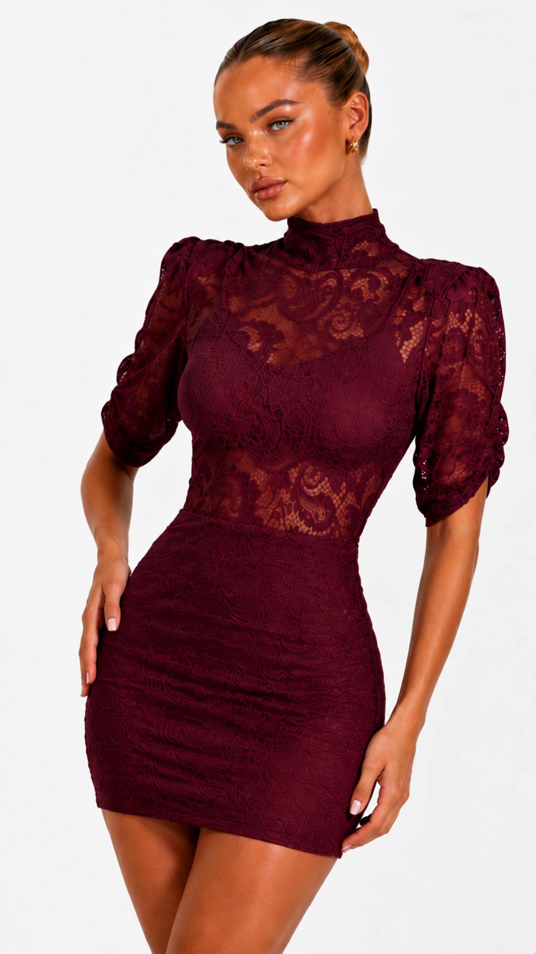Serafina - Burgundy Lace High Neck Mini Dress