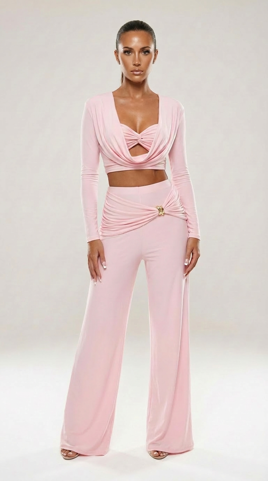Megan - Slinky Crop & Trouser Co-Ord Baby Pink
