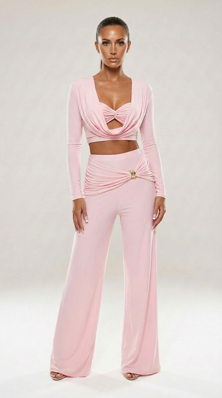 Megan - Slinky Crop &amp; Trouser Co-Ord Baby Pink